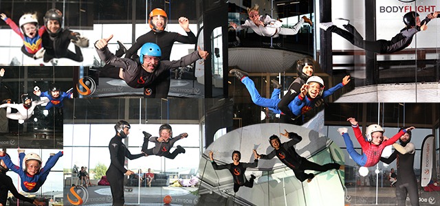 Bildcollage av personer som testar indoor skydiving, en av många saker att göra inomhus i Göteborg.